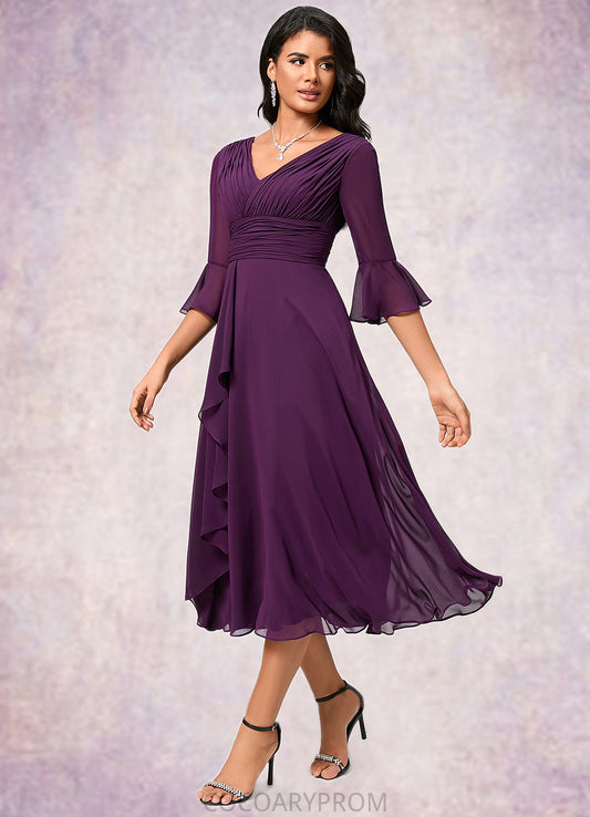 Regina A-line V-Neck Tea-Length Chiffon Cocktail Dress With Ruffle DA8P0022236