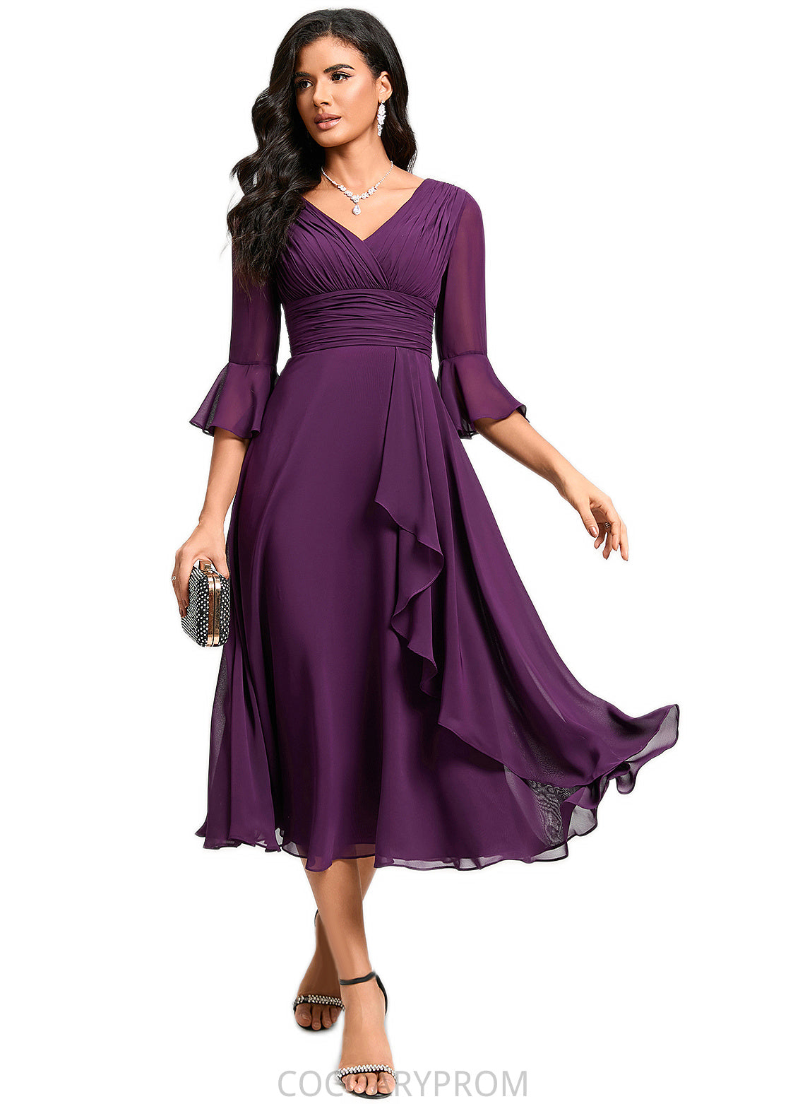 Cindy A-line V-Neck Tea-Length Chiffon Cocktail Dress With Ruffle DA8P0022236