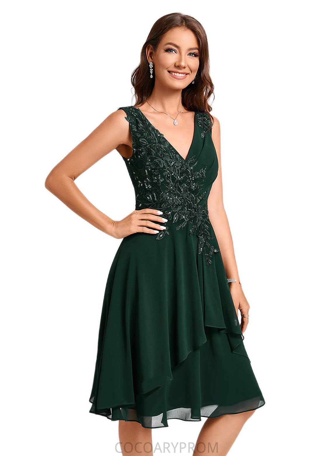 Terri A-line V-Neck Knee-Length Chiffon Lace Cocktail Dress With Appliques Lace Sequins DA8P0022237