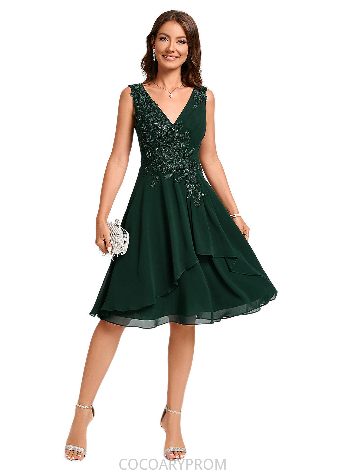 Terri A-line V-Neck Knee-Length Chiffon Lace Cocktail Dress With Appliques Lace Sequins DA8P0022237