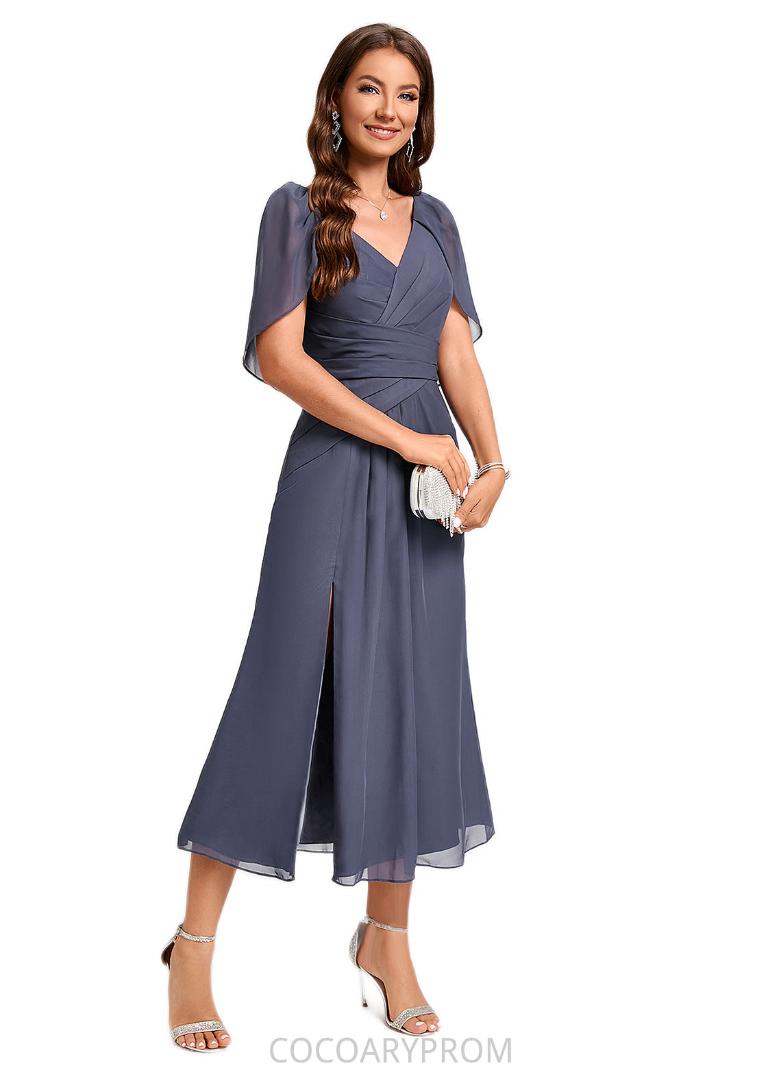 Rhoda A-line V-Neck Tea-Length Chiffon Cocktail Dress With Ruffle DA8P0022241