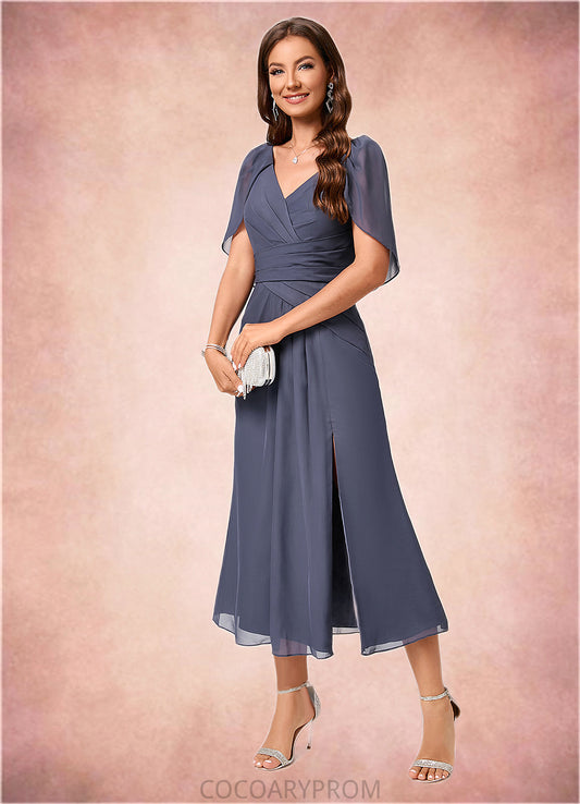 Callie A-line V-Neck Tea-Length Chiffon Cocktail Dress With Ruffle DA8P0022241