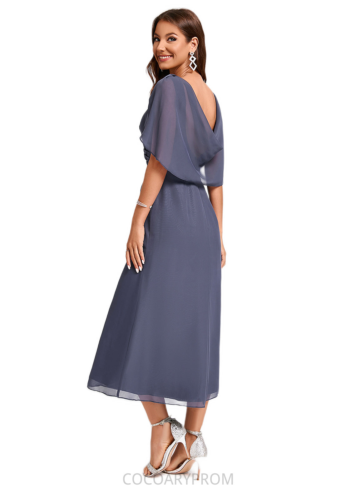 Rhoda A-line V-Neck Tea-Length Chiffon Cocktail Dress With Ruffle DA8P0022241