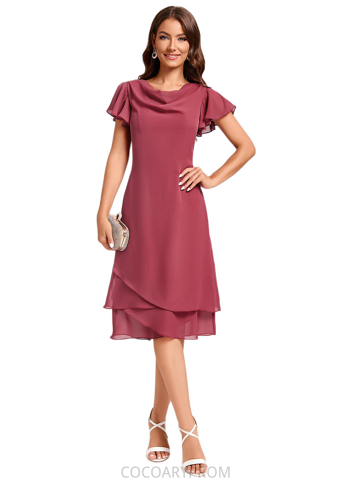 Sandy A-line Cowl Knee-Length Chiffon Cocktail Dress With Ruffle DA8P0022243