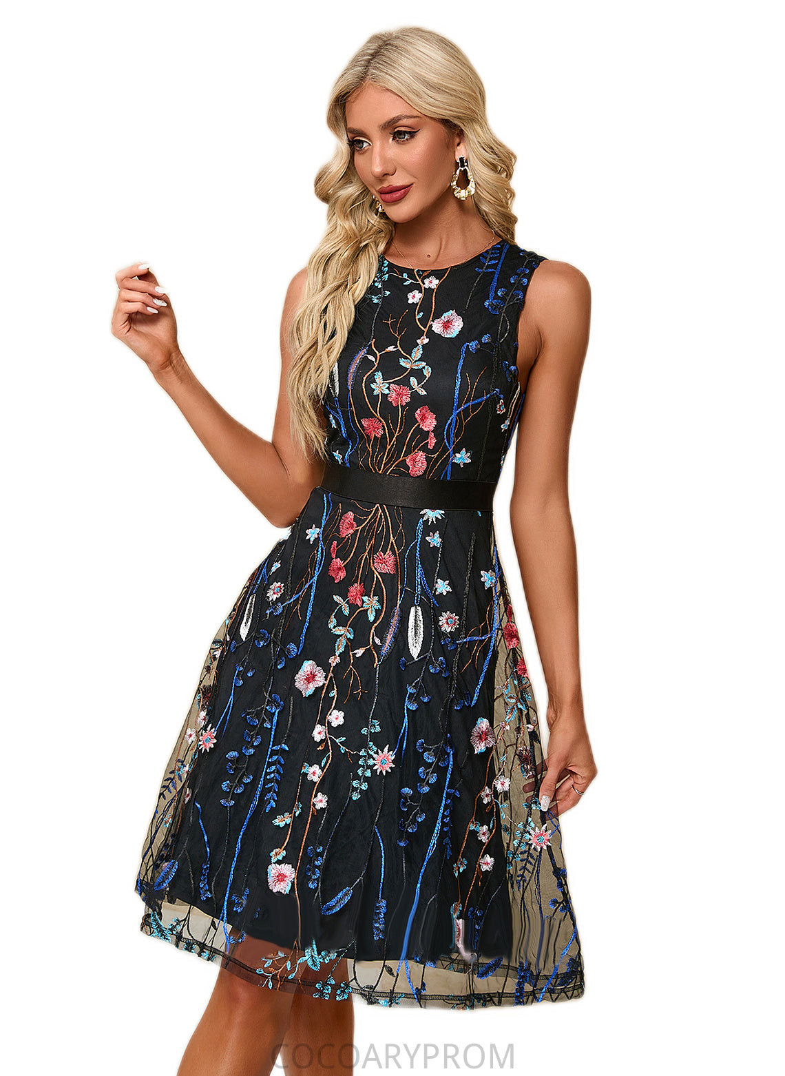 Ariana Flower Jacquard Scoop Elegant A-line Tulle Midi Dresses DA8P0022247