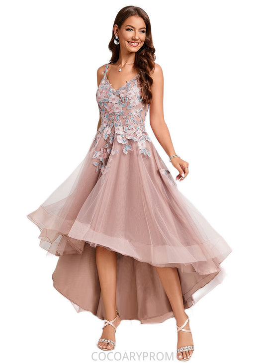 Siena A-line Off the Shoulder Asymmetrical Lace Tulle Cocktail Dress With Flower DA8P0022258