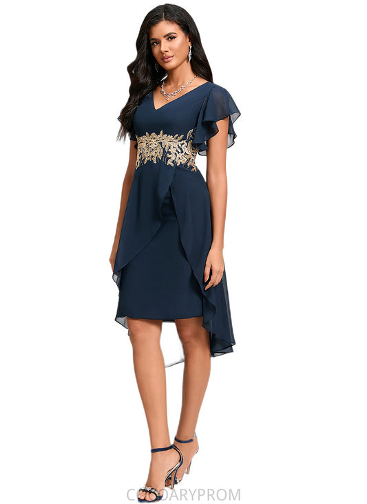 Ayana Sheath/Column V-Neck Asymmetrical Chiffon Lace Cocktail Dress With Appliques Lace DA8P0022268