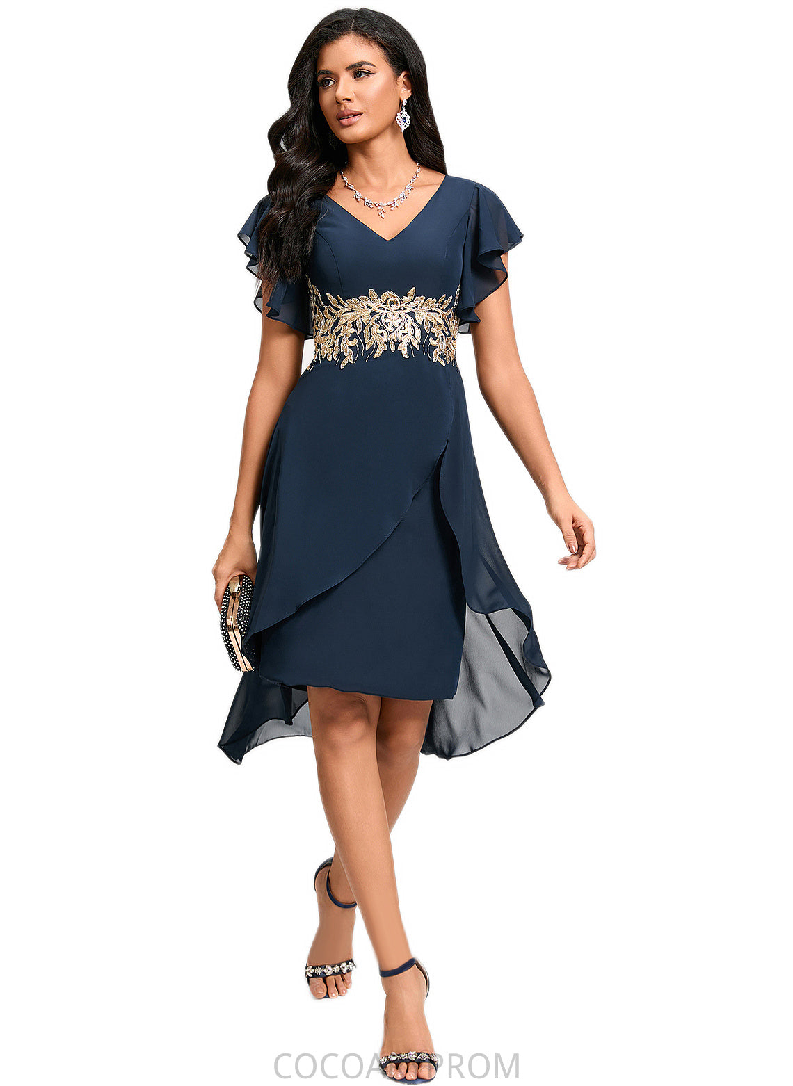 Ayana Sheath/Column V-Neck Asymmetrical Chiffon Lace Cocktail Dress With Appliques Lace DA8P0022268