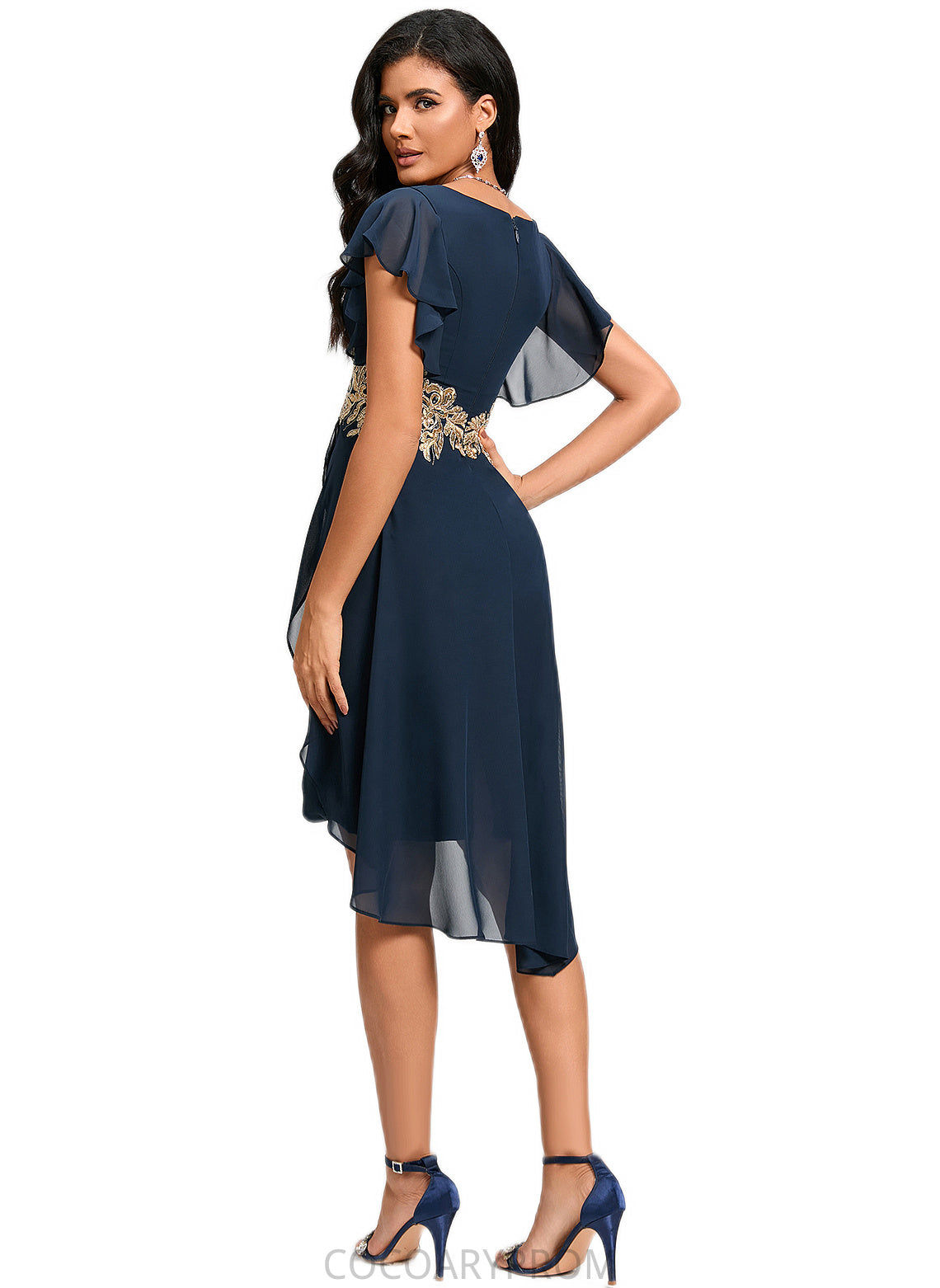 Ayana Sheath/Column V-Neck Asymmetrical Chiffon Lace Cocktail Dress With Appliques Lace DA8P0022268