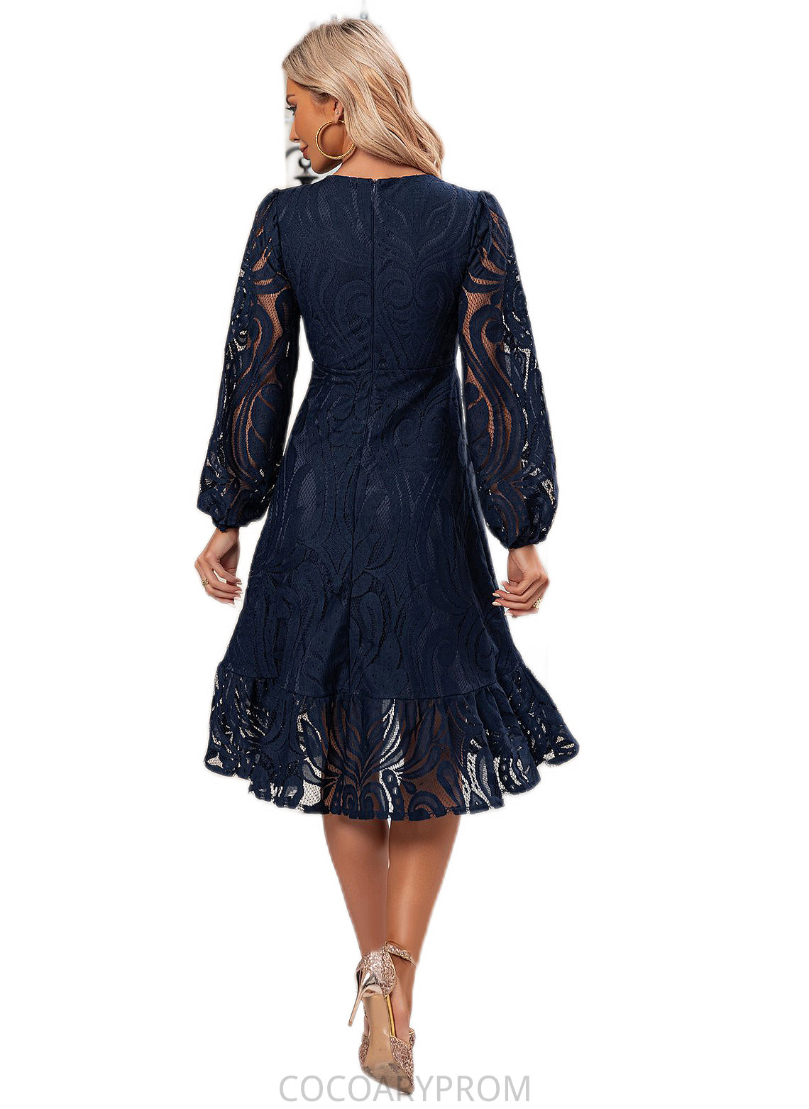 Libby Jacquard V-Neck Elegant A-line Lace Midi Dresses DA8P0022269