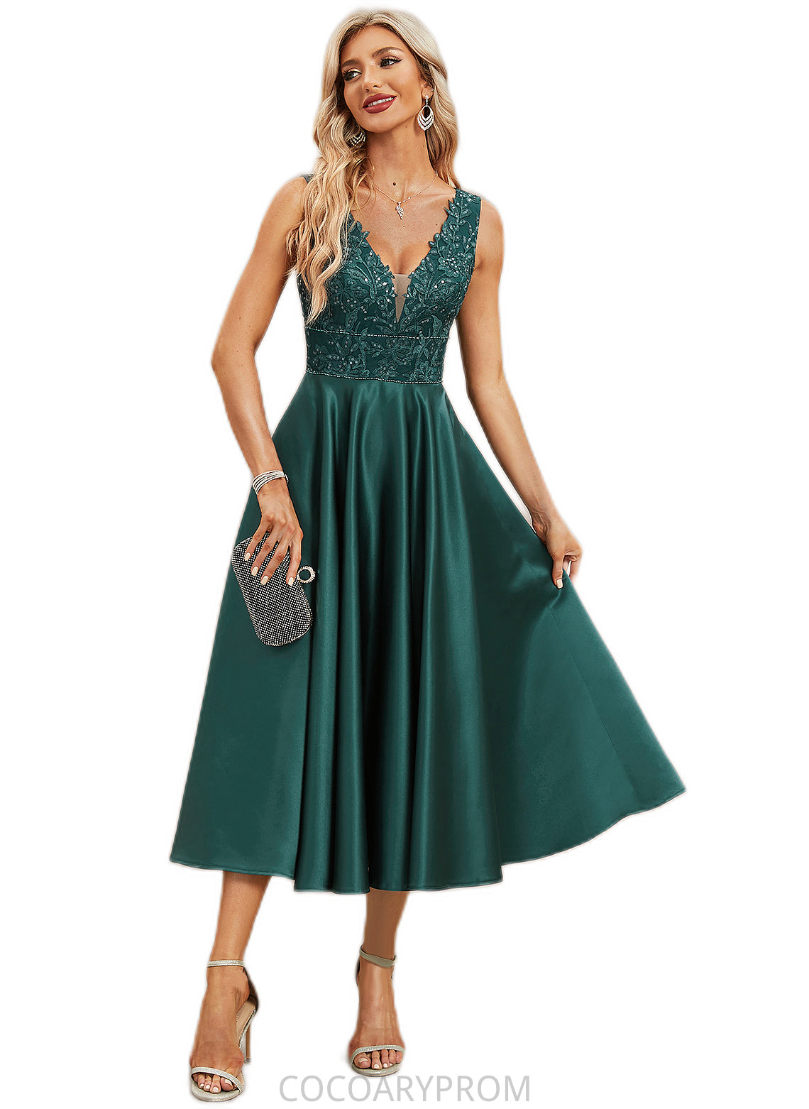 Alicia A-line V-Neck Tea-Length Lace Satin Evening Dress With Sequins DA8P0022270