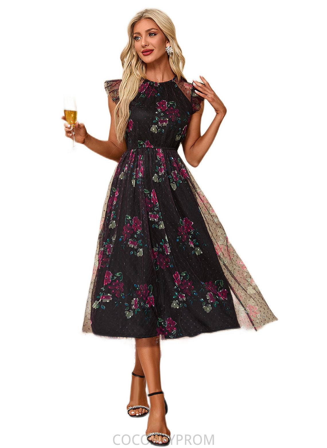 Noelle Floral Print Scoop Elegant A-line Tulle Midi Dresses DA8P0022277