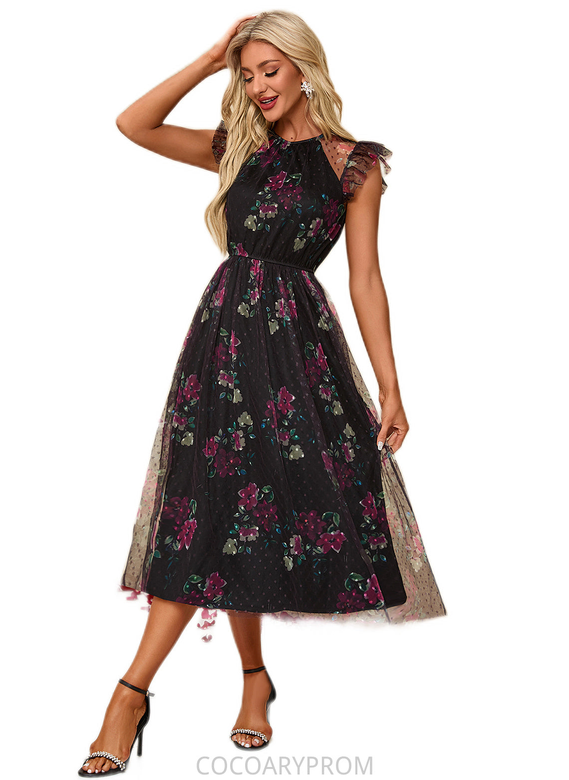 Noelle Floral Print Scoop Elegant A-line Tulle Midi Dresses DA8P0022277