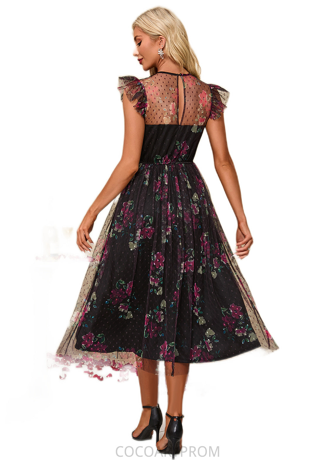 Noelle Floral Print Scoop Elegant A-line Tulle Midi Dresses DA8P0022277