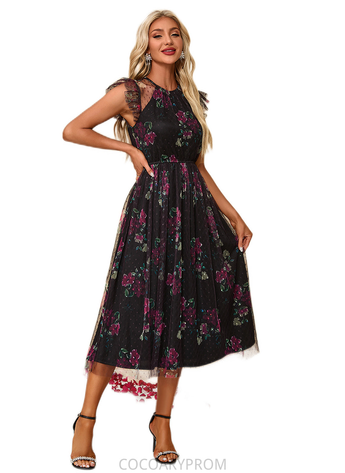 Noelle Floral Print Scoop Elegant A-line Tulle Midi Dresses DA8P0022277