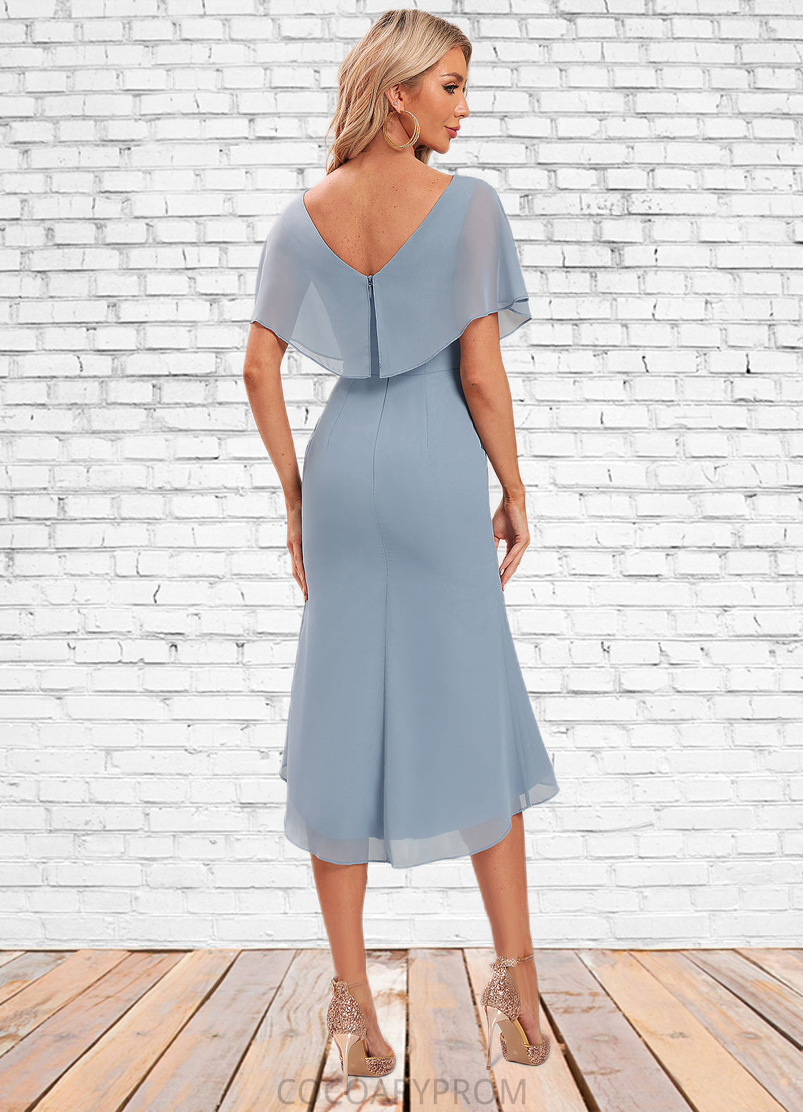 Jaiden Sheath/Column V-Neck Asymmetrical Chiffon Cocktail Dress With Ruffle DA8P0022282