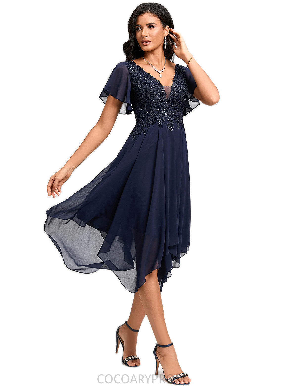 Kaitlynn A-line V-Neck Tea-Length Chiffon Cocktail Dress With Sequins DA8P0022296