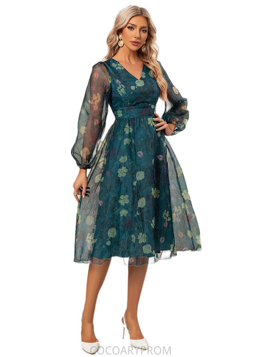 Taniyah Floral Print V-Neck Elegant A-line Organza Midi Dresses DA8P0022297