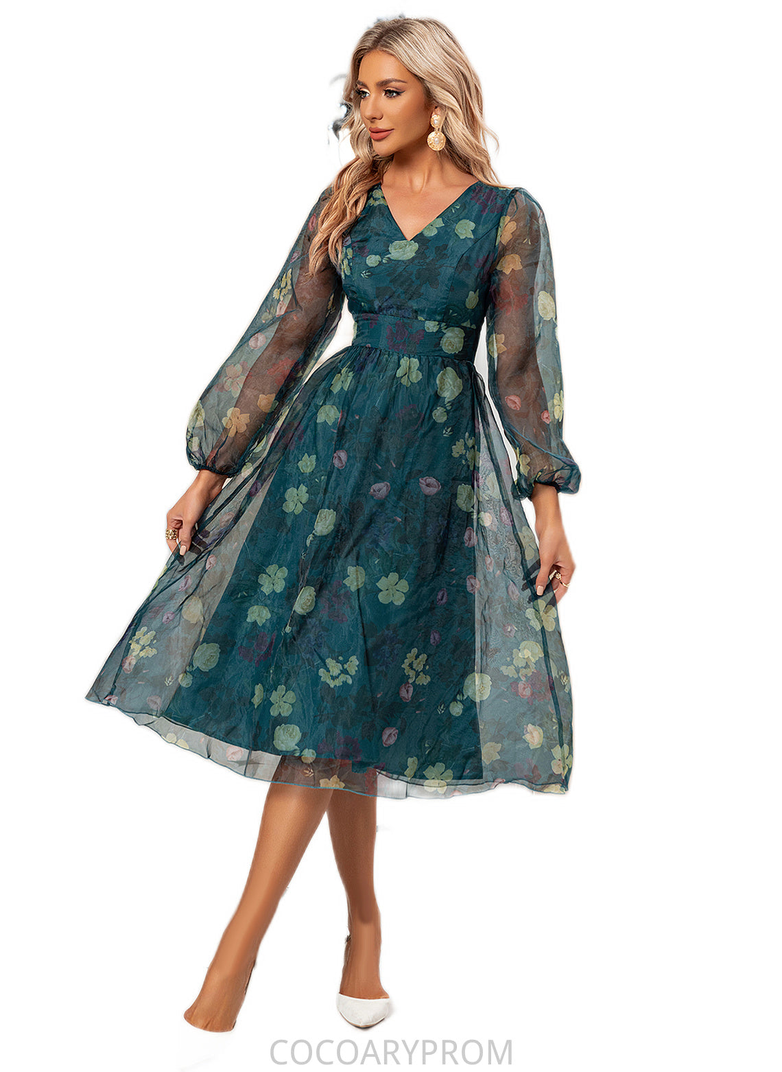 Taniyah Floral Print V-Neck Elegant A-line Organza Midi Dresses DA8P0022297