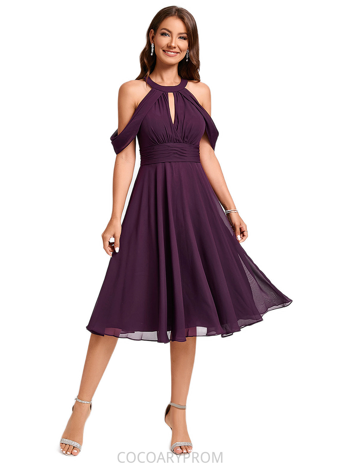 Harmony A-line Cold Shoulder Scoop Knee-Length Chiffon Cocktail Dress With Ruffle DA8P0022302