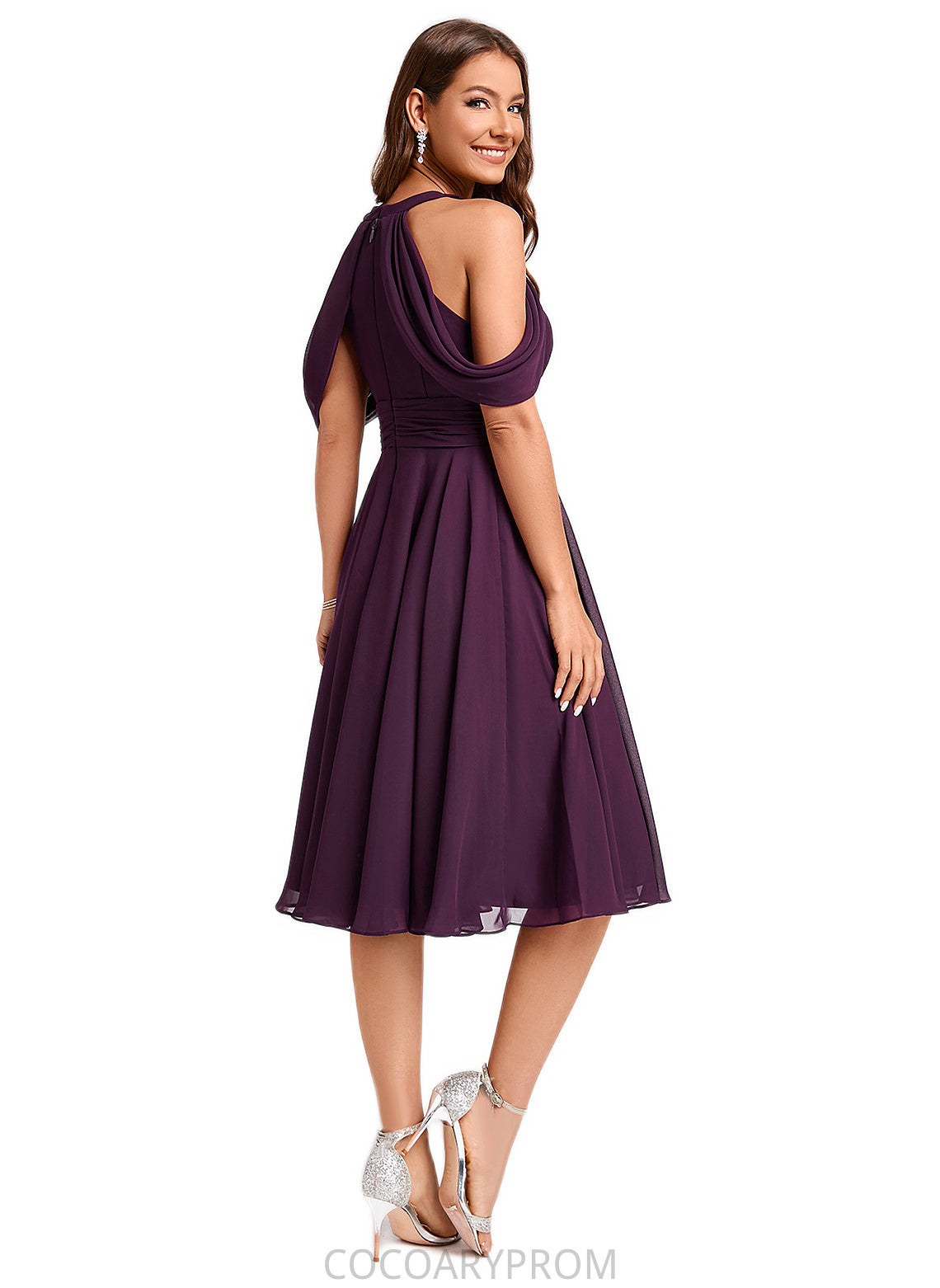 Harmony A-line Cold Shoulder Scoop Knee-Length Chiffon Cocktail Dress With Ruffle DA8P0022302