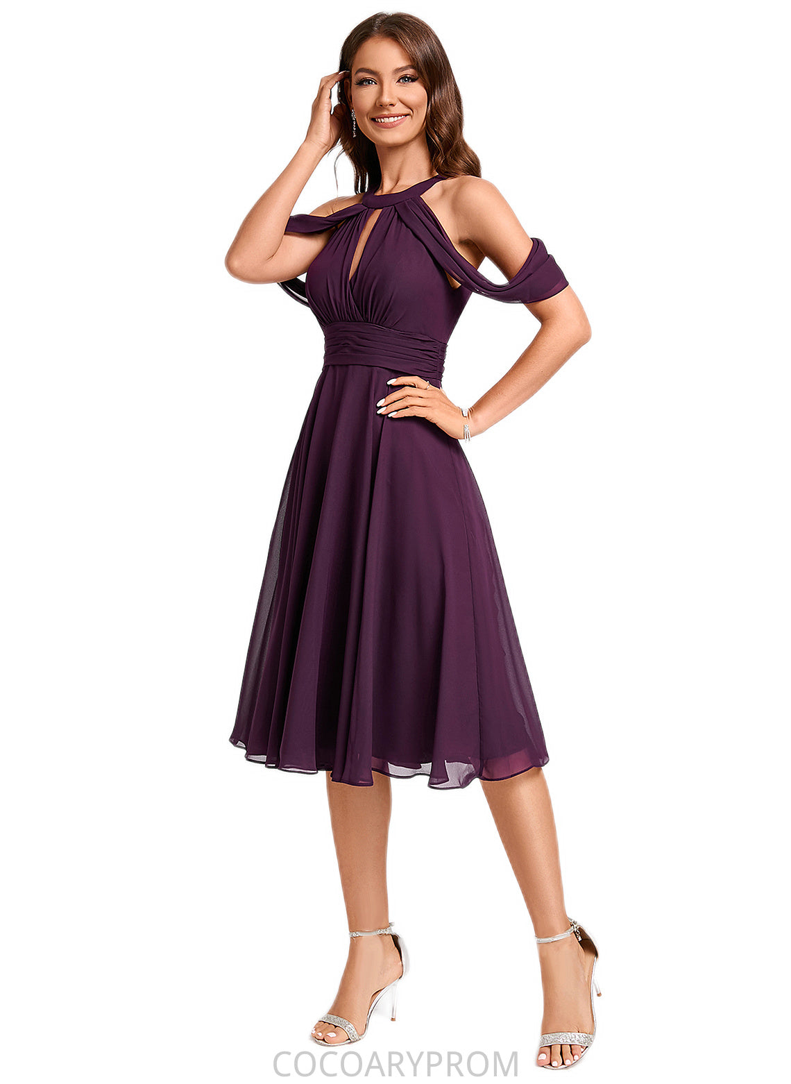 Harmony A-line Cold Shoulder Scoop Knee-Length Chiffon Cocktail Dress With Ruffle DA8P0022302