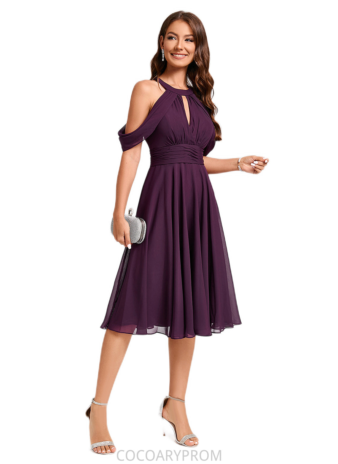 Harmony A-line Cold Shoulder Scoop Knee-Length Chiffon Cocktail Dress With Ruffle DA8P0022302