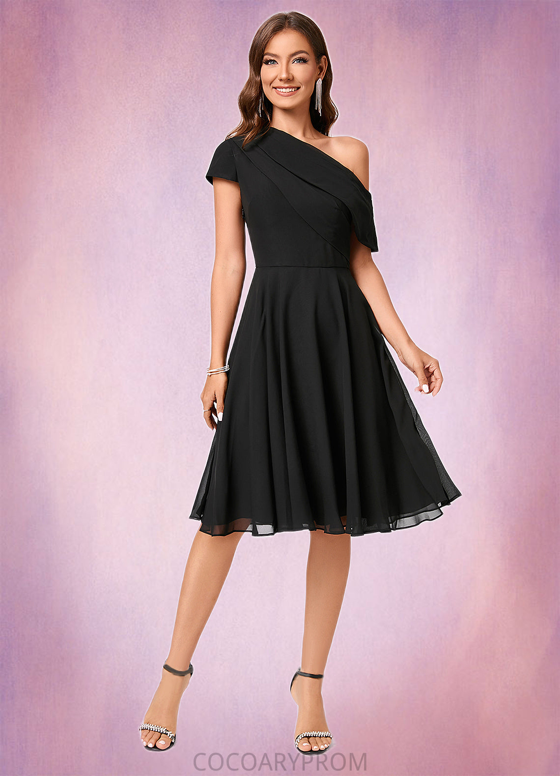 Erika A-line One Shoulder Knee-Length Chiffon Cocktail Dress With Ruffle DA8P0022309