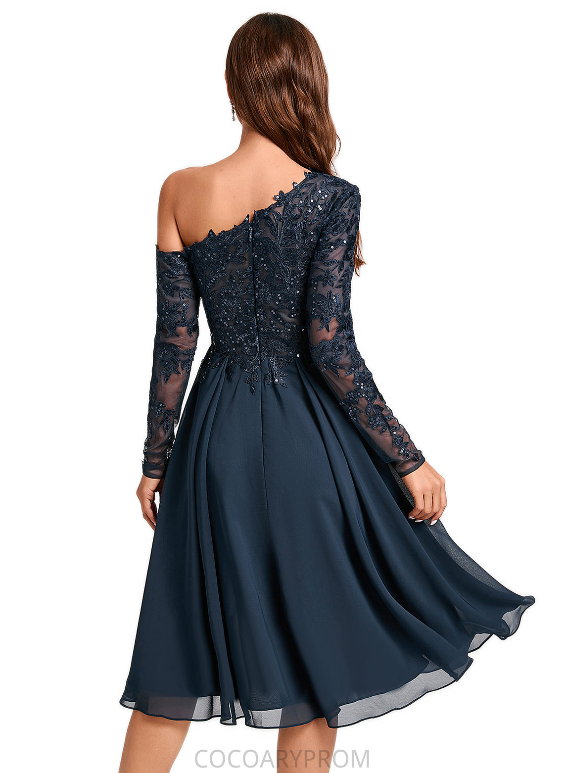 Kiana A-line One Shoulder Knee-Length Chiffon Lace Sequin Cocktail Dress With Sequins DA8P0022310