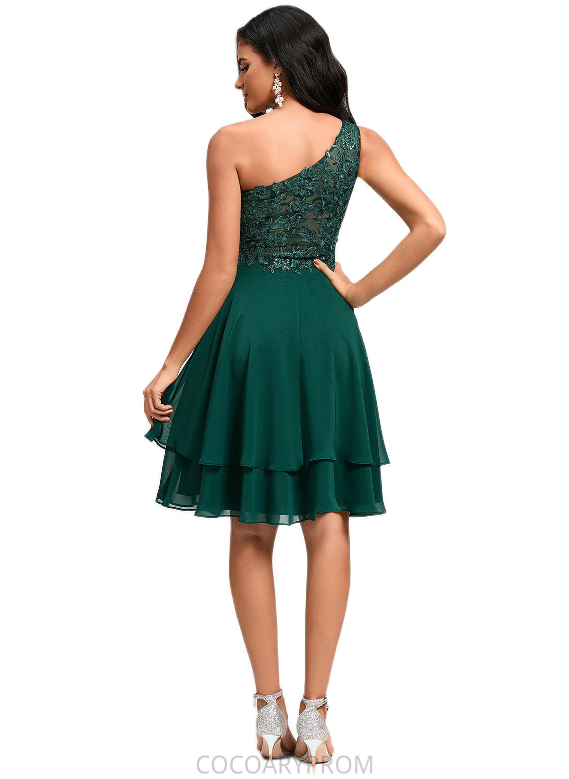 Skyla A-line One Shoulder Knee-Length Chiffon Lace Cocktail Dress With Sequins DA8P0022313