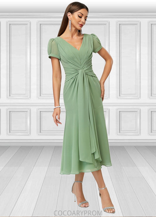 Ashlee Trumpet/Mermaid V-Neck Tea-Length Chiffon Cocktail Dress With Pleated DA8P0022315