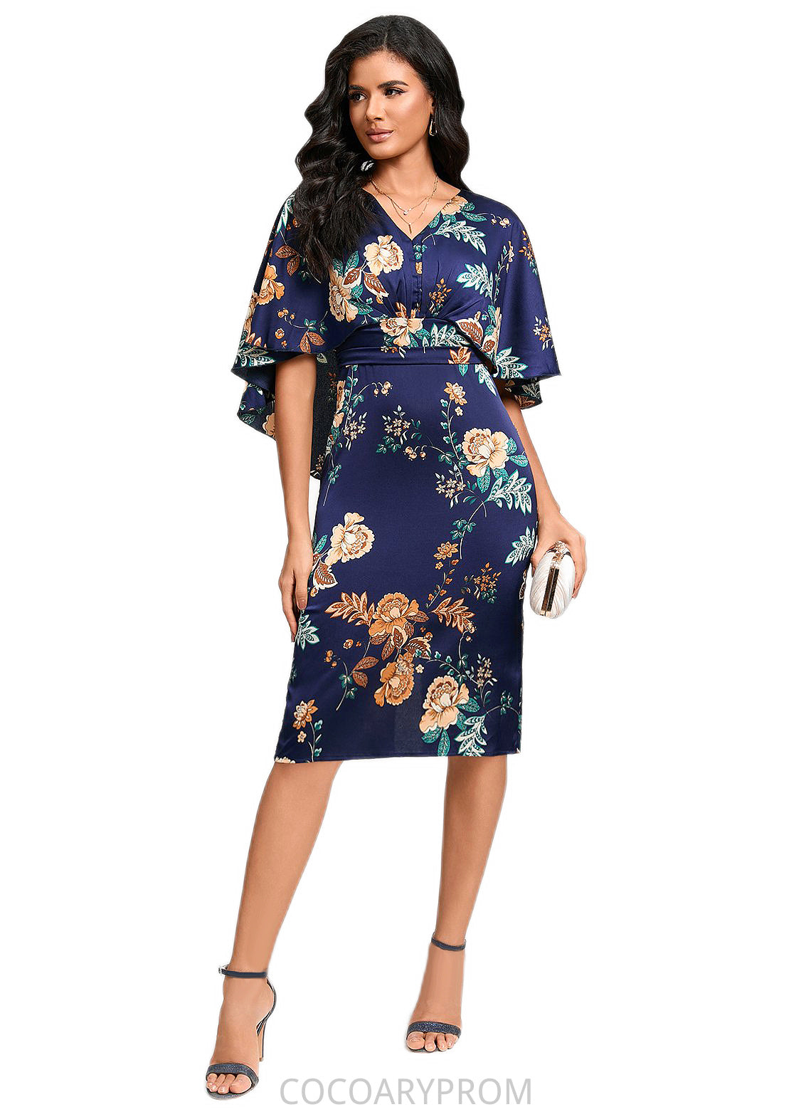 Marcia Sheath/Column V-Neck Knee-Length Satin Cocktail Dress With Pleated DA8P0022317