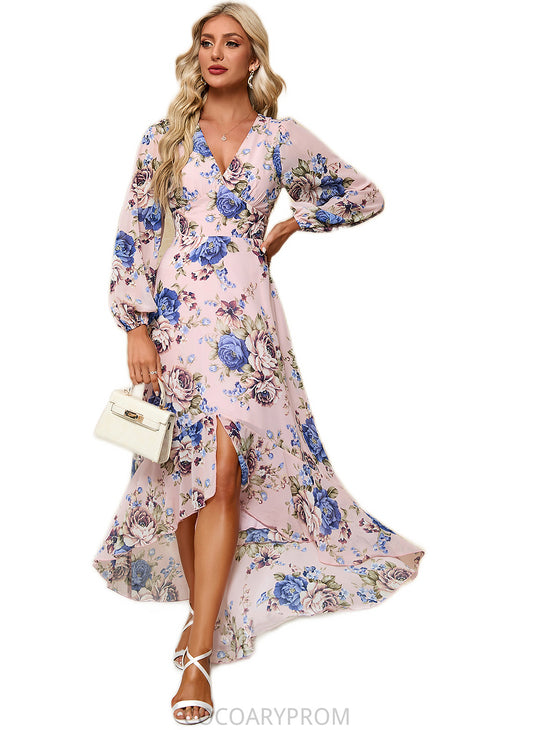 Izabelle Ruffle Floral Print V-Neck Elegant A-line Chiffon Asymmetrical Dresses DA8P0022327