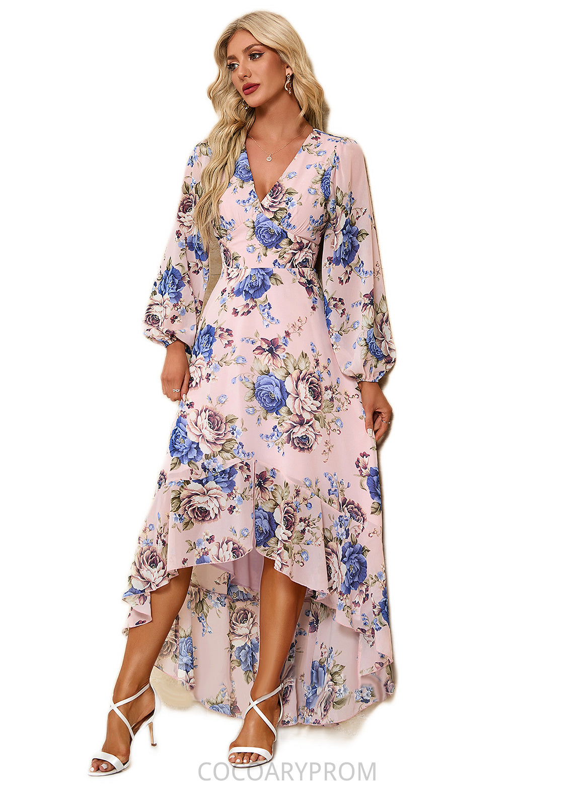 Izabelle Ruffle Floral Print V-Neck Elegant A-line Chiffon Asymmetrical Dresses DA8P0022327