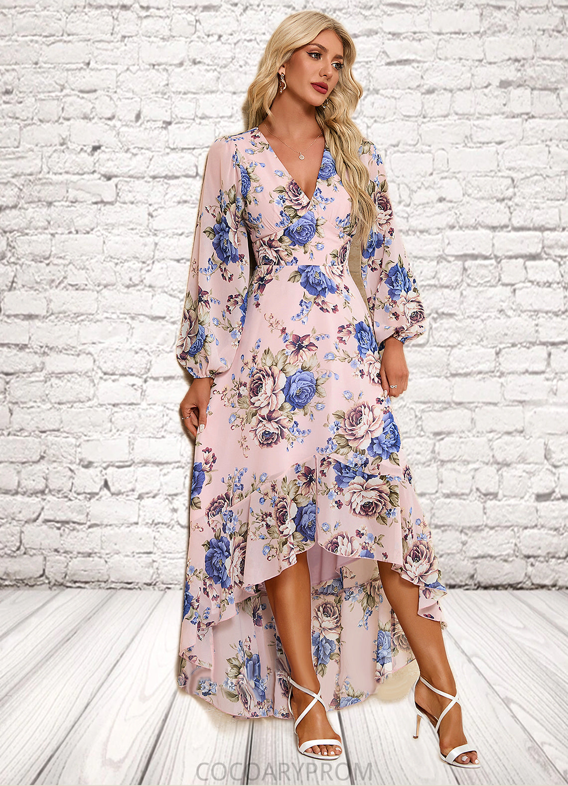 Sloane Ruffle Floral Print V-Neck Elegant A-line Chiffon Asymmetrical Dresses DA8P0022327