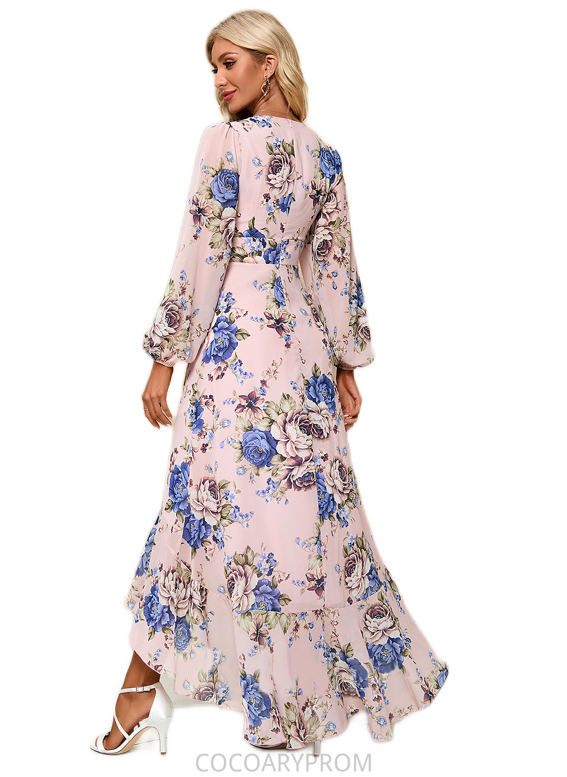 Izabelle Ruffle Floral Print V-Neck Elegant A-line Chiffon Asymmetrical Dresses DA8P0022327