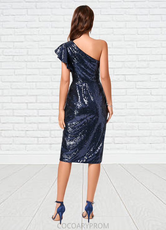 Nevaeh Sheath/Column One Shoulder Knee-Length Sequin Cocktail Dress With Ruffle Sequins DA8P0022330