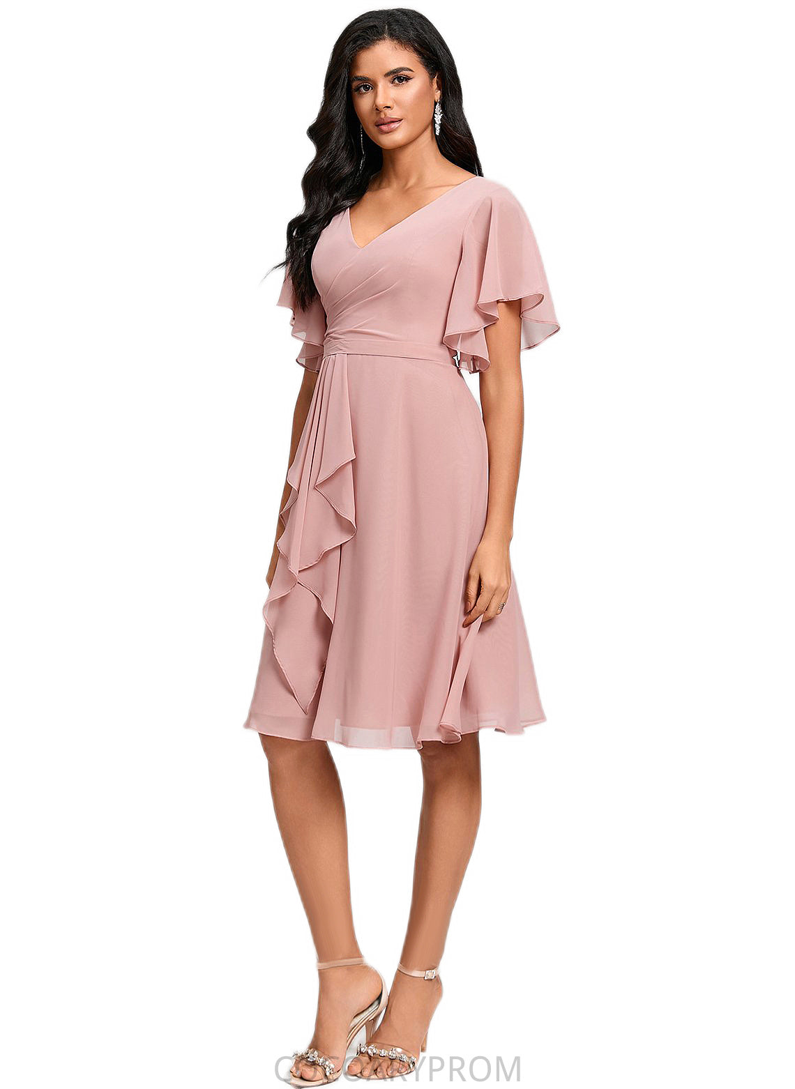 Edith A-line V-Neck Knee-Length Chiffon Cocktail Dress With Ruffle DA8P0022335