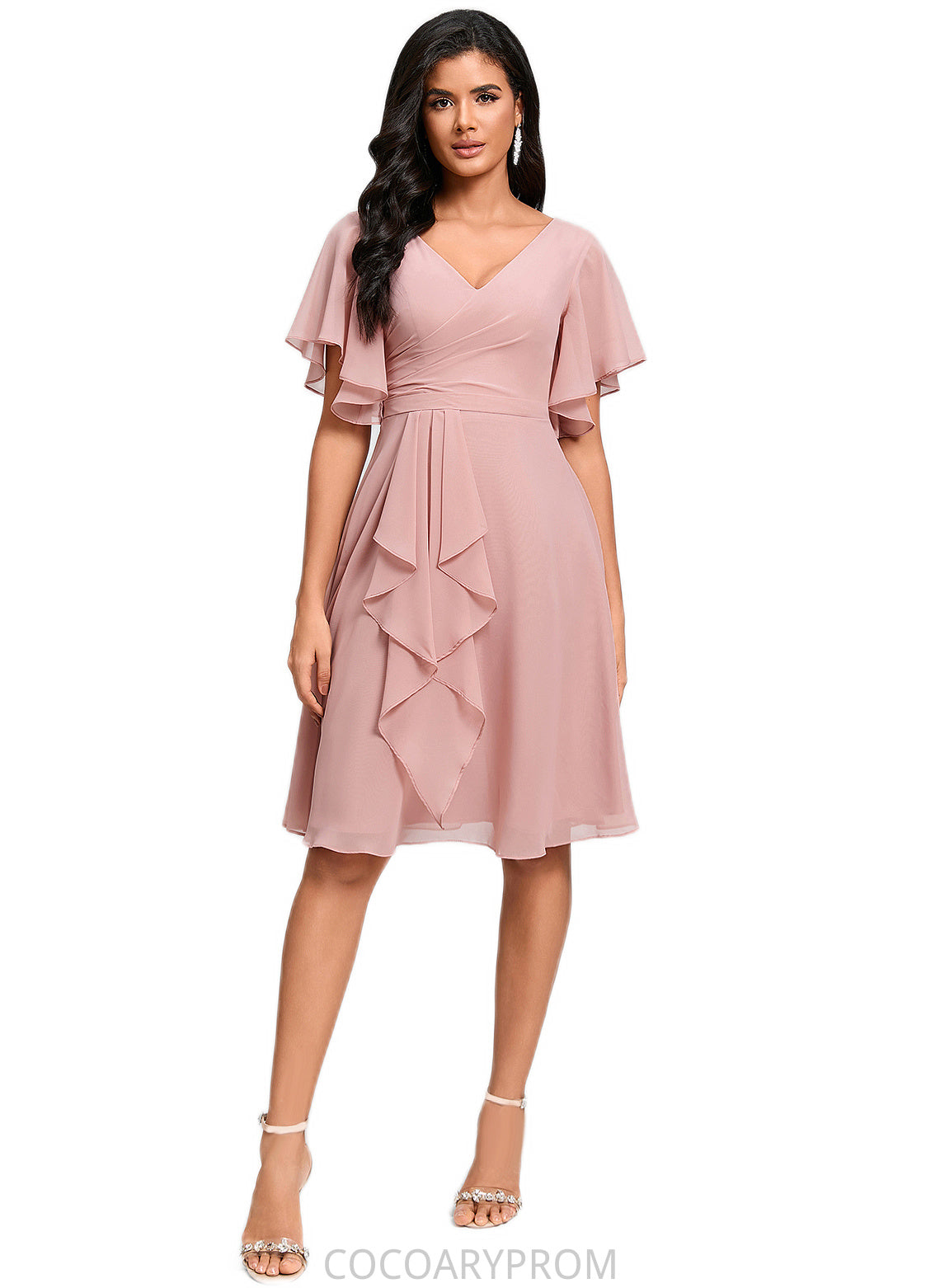 Edith A-line V-Neck Knee-Length Chiffon Cocktail Dress With Ruffle DA8P0022335