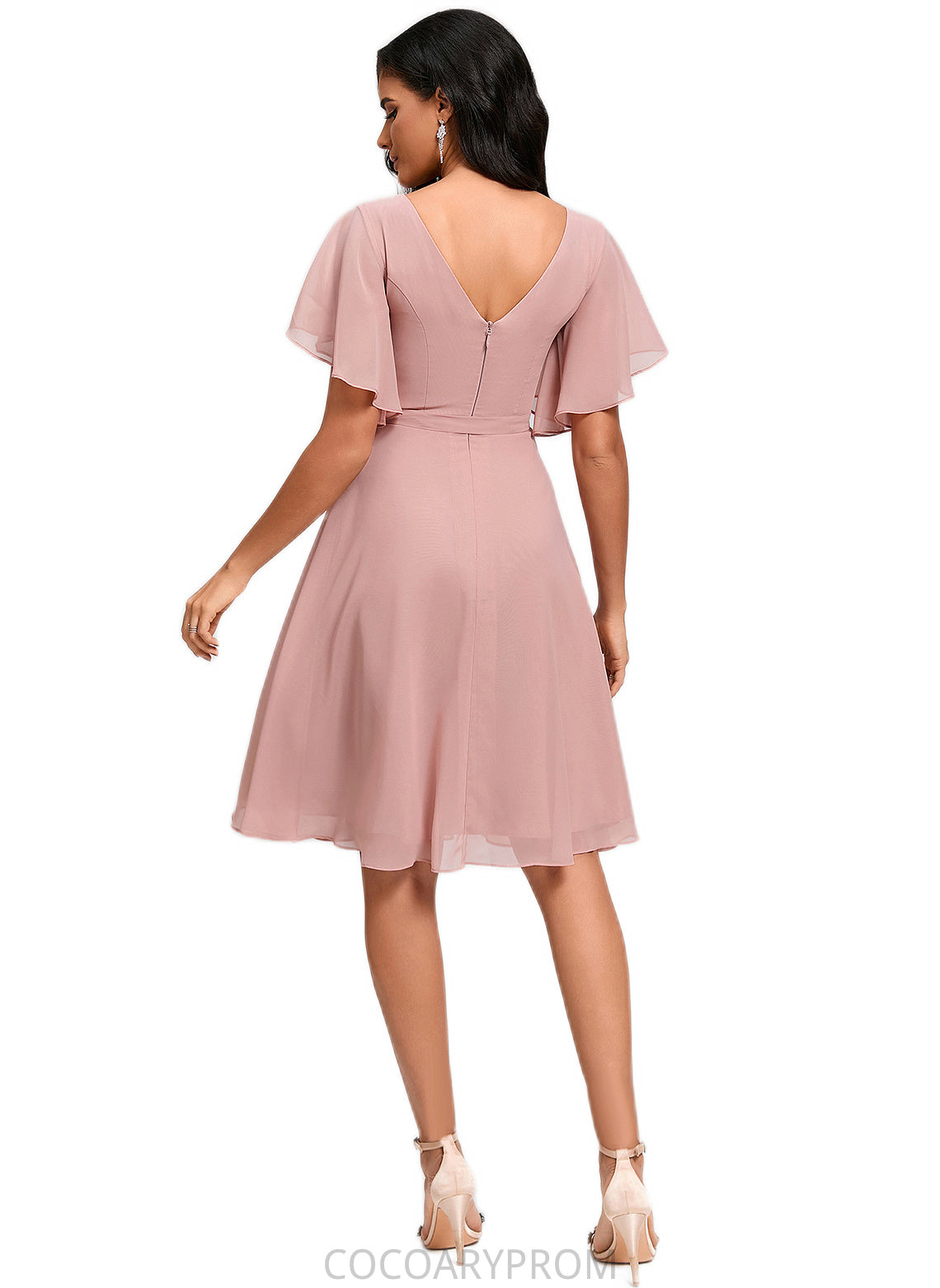 Edith A-line V-Neck Knee-Length Chiffon Cocktail Dress With Ruffle DA8P0022335