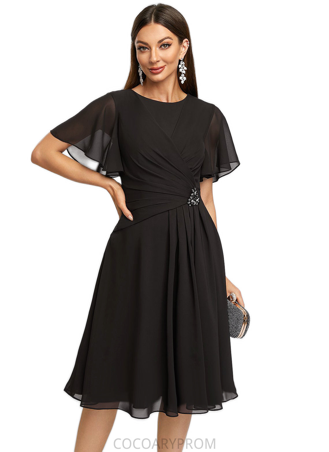 Marlee A-line Scoop Knee-Length Chiffon Cocktail Dress With Beading Pleated DA8P0022336