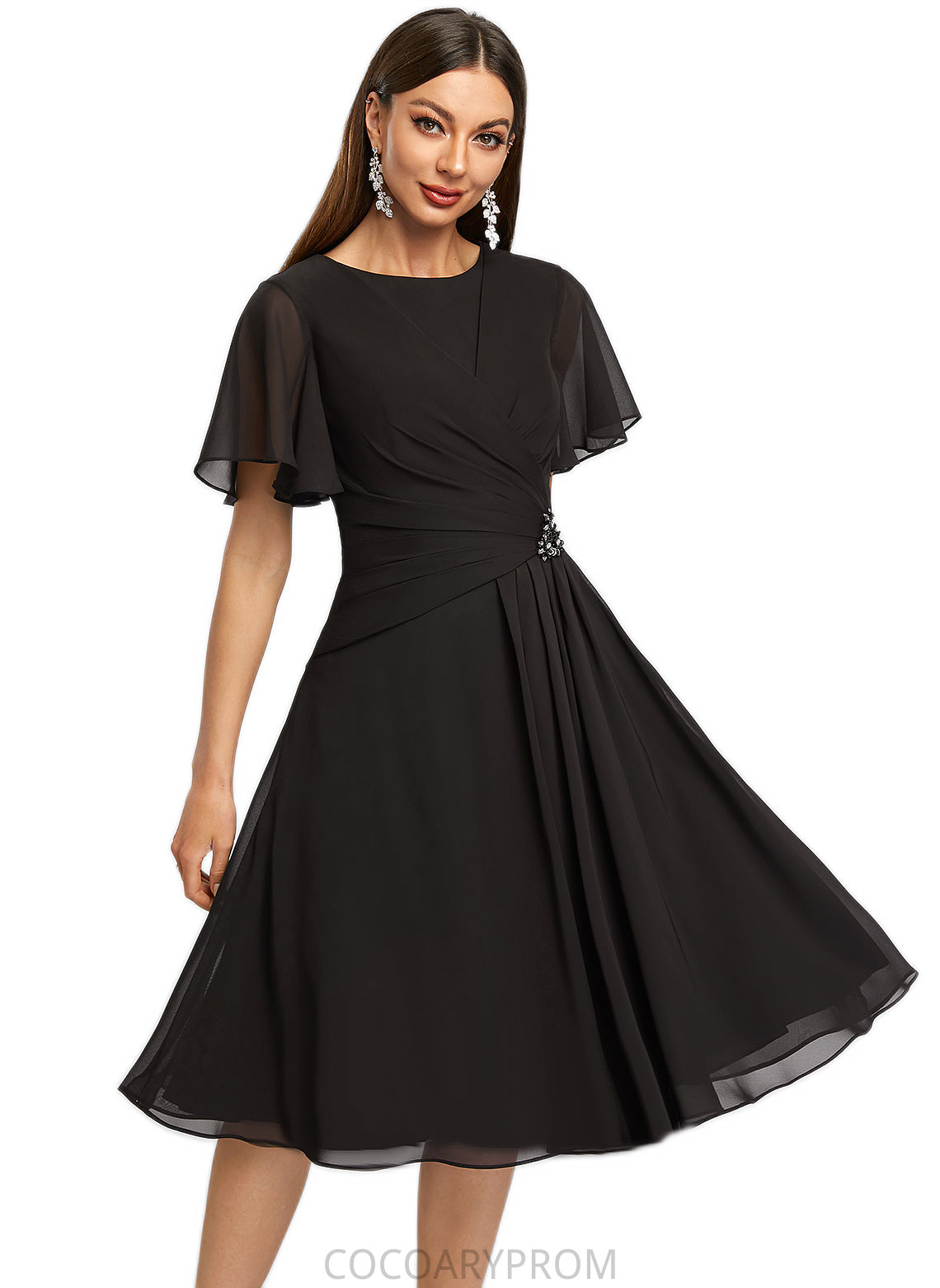 Marlee A-line Scoop Knee-Length Chiffon Cocktail Dress With Beading Pleated DA8P0022336