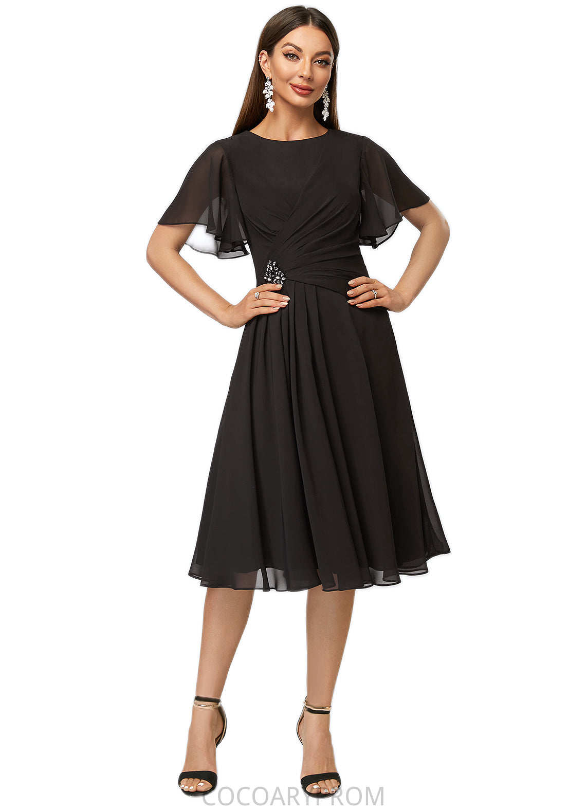 Geraldine A-line Scoop Knee-Length Chiffon Cocktail Dress With Beading Pleated DA8P0022336