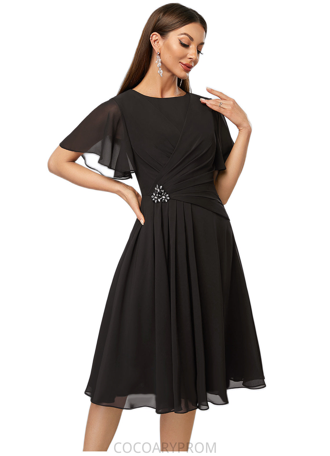 Geraldine A-line Scoop Knee-Length Chiffon Cocktail Dress With Beading Pleated DA8P0022336