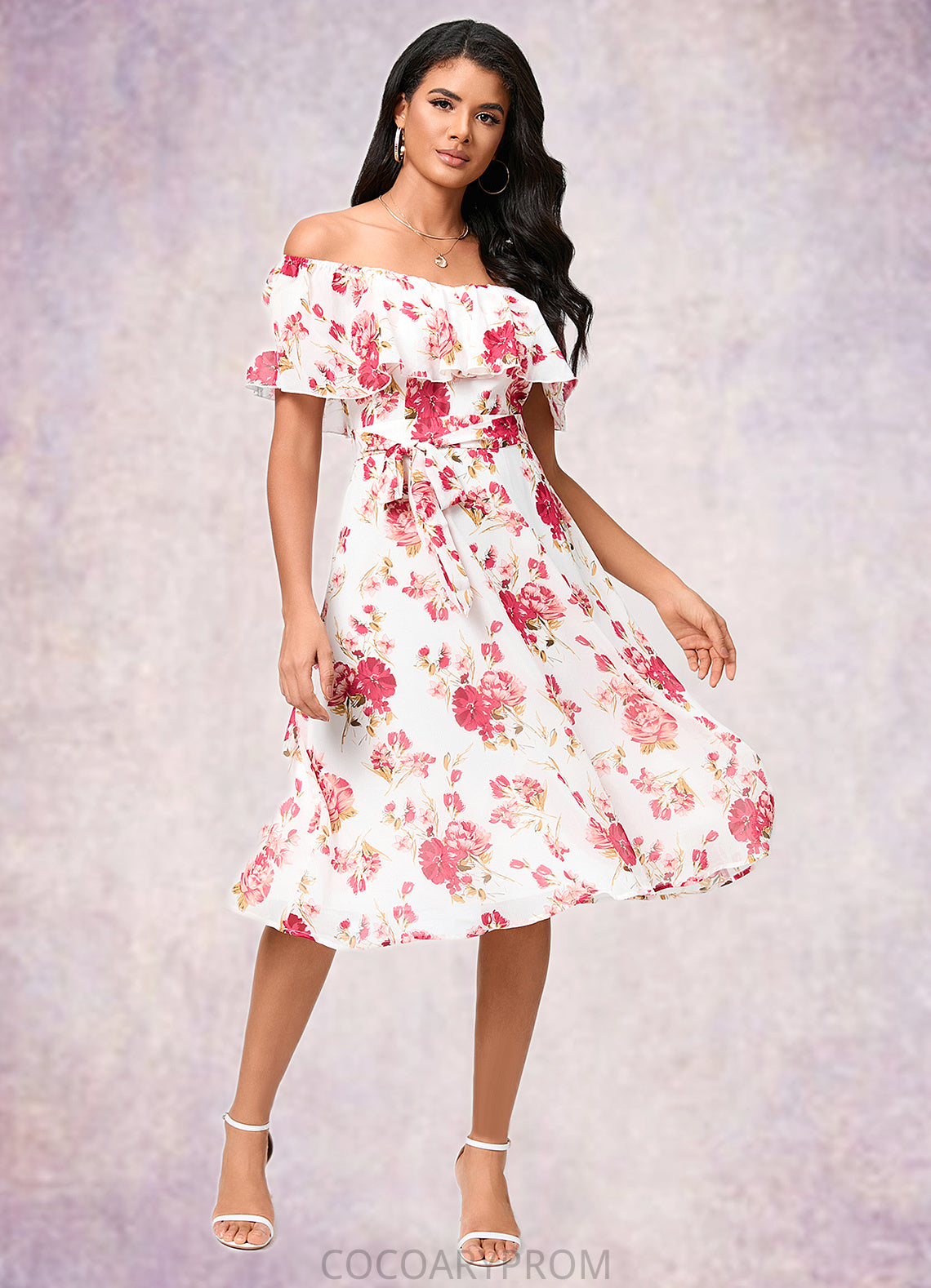 Madalyn A-line Off the Shoulder Knee-Length Chiffon Cocktail Dress With Bow DA8P0022337