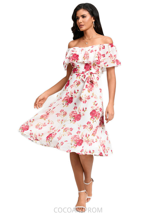 Sydnee A-line Off the Shoulder Knee-Length Chiffon Cocktail Dress With Bow DA8P0022337