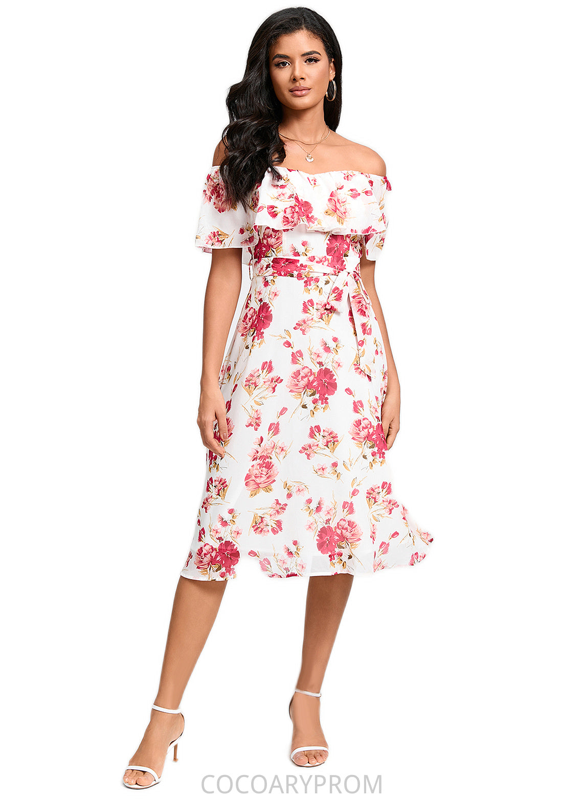 Sydnee A-line Off the Shoulder Knee-Length Chiffon Cocktail Dress With Bow DA8P0022337