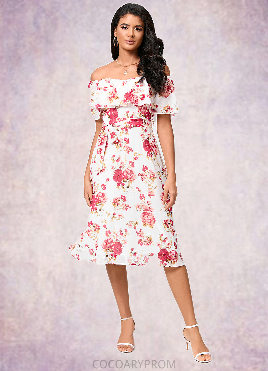 Madalyn A-line Off the Shoulder Knee-Length Chiffon Cocktail Dress With Bow DA8P0022337