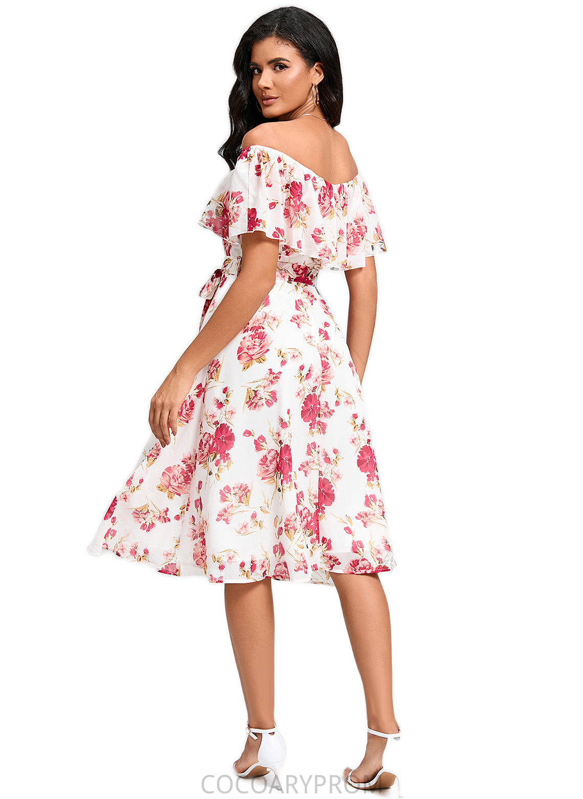 Sydnee A-line Off the Shoulder Knee-Length Chiffon Cocktail Dress With Bow DA8P0022337