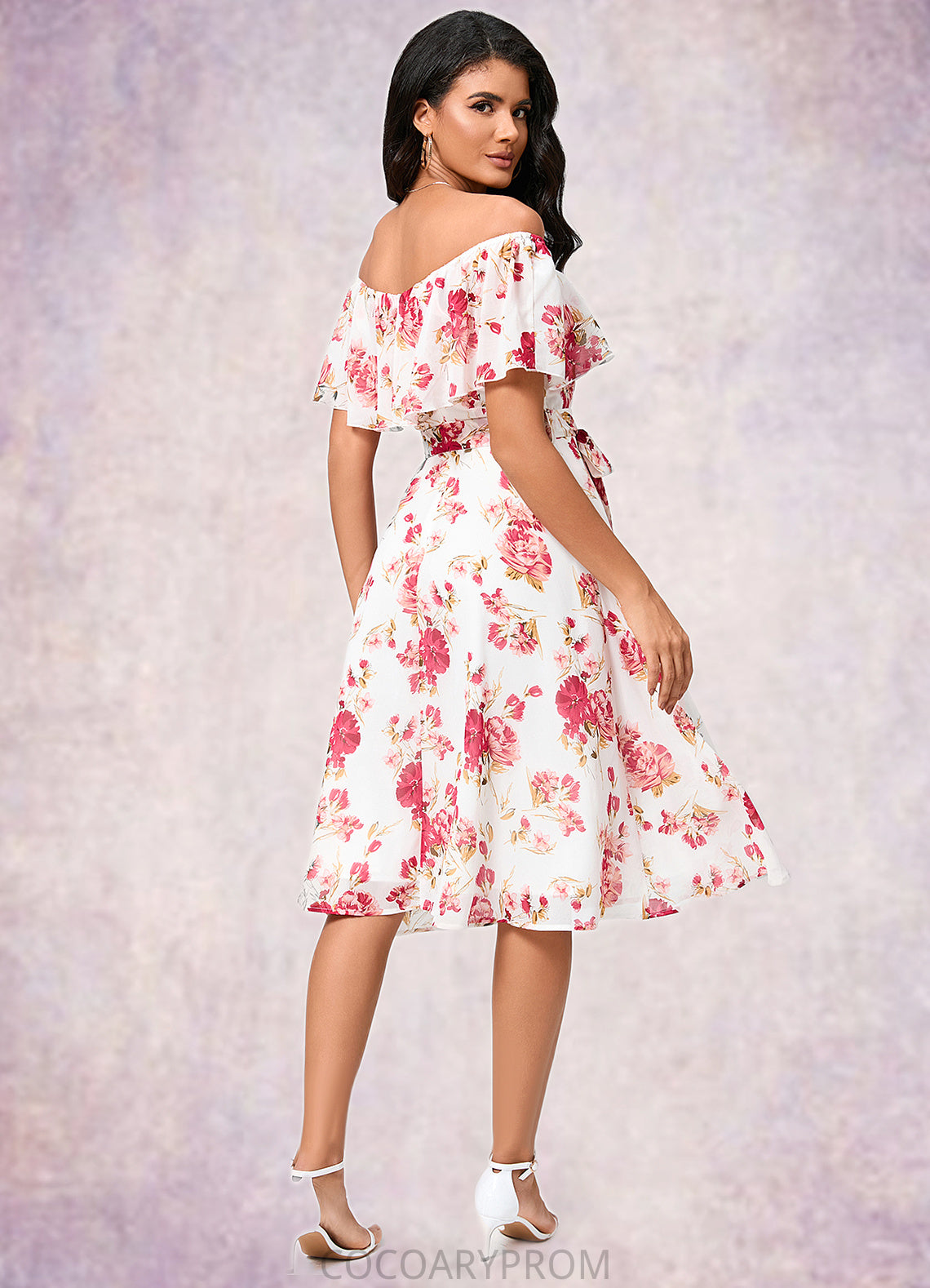 Madalyn A-line Off the Shoulder Knee-Length Chiffon Cocktail Dress With Bow DA8P0022337